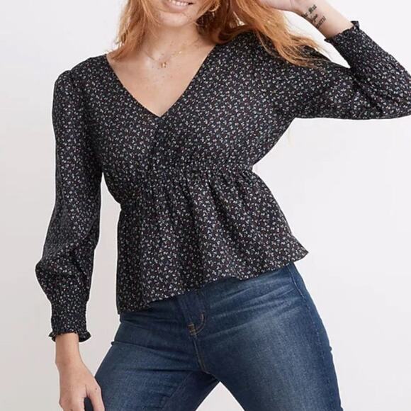 Madewell tie back crop peasant top ditsy floral blue long sleeve boho - Picture 1 of 8